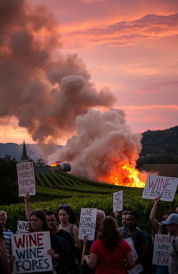A dramatic scene of a winery engulfed in flames, with thick smoke billowing into the sky