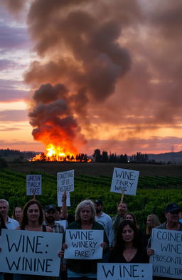 A dramatic scene of a winery engulfed in flames, with thick smoke billowing into the sky
