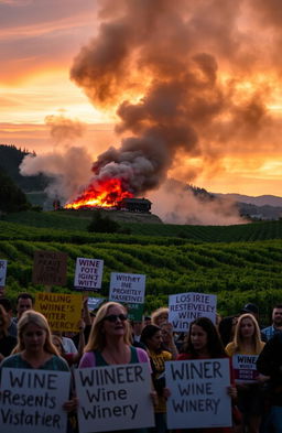 A dramatic scene of a winery engulfed in flames, with thick smoke billowing into the sky