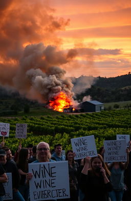 A dramatic scene of a winery engulfed in flames, with thick smoke billowing into the sky