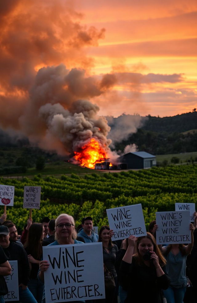 A dramatic scene of a winery engulfed in flames, with thick smoke billowing into the sky