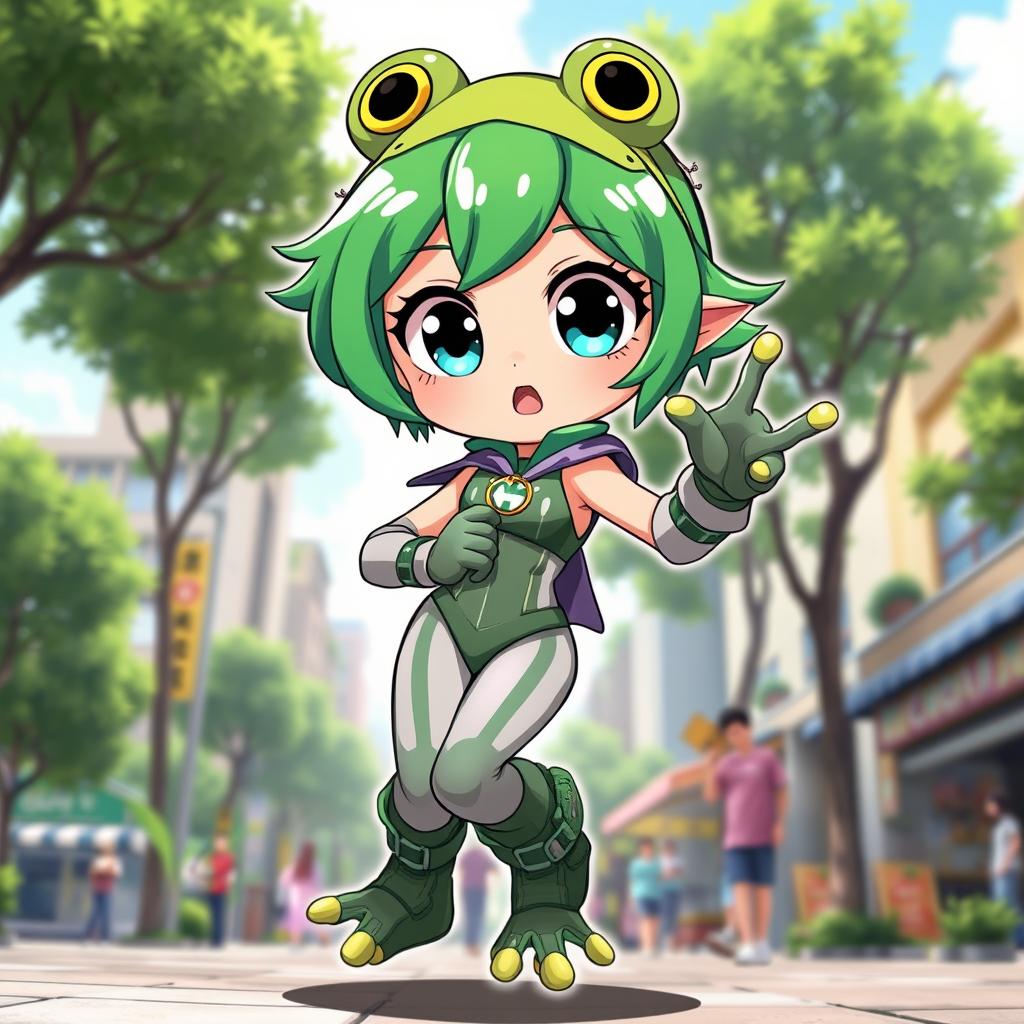 A cute anime girl inspired by My Hero Academia, featuring frog-like characteristics but with normal human skin