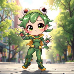 A cute anime girl inspired by My Hero Academia, featuring frog-like characteristics but with normal human skin