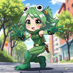 A cute anime girl inspired by My Hero Academia, featuring frog-like characteristics but with normal human skin
