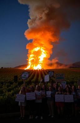 A dramatic scene of a winery engulfed in flames, with billowing smoke rising into a night sky, casting a fiery glow across the landscape