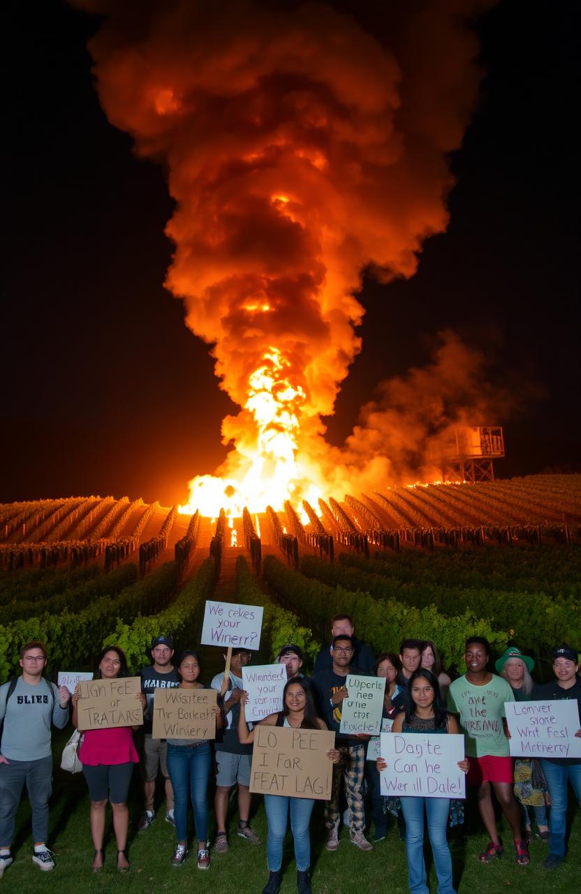 A dramatic scene of a winery engulfed in flames, with billowing smoke rising into a night sky, casting a fiery glow across the landscape