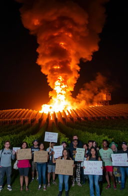 A dramatic scene of a winery engulfed in flames, with billowing smoke rising into a night sky, casting a fiery glow across the landscape