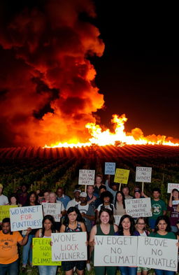 A dramatic scene of a winery engulfed in flames, with billowing smoke rising into a night sky, casting a fiery glow across the landscape