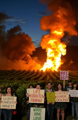 A dramatic scene of a winery engulfed in flames, with billowing smoke rising into a night sky, casting a fiery glow across the landscape