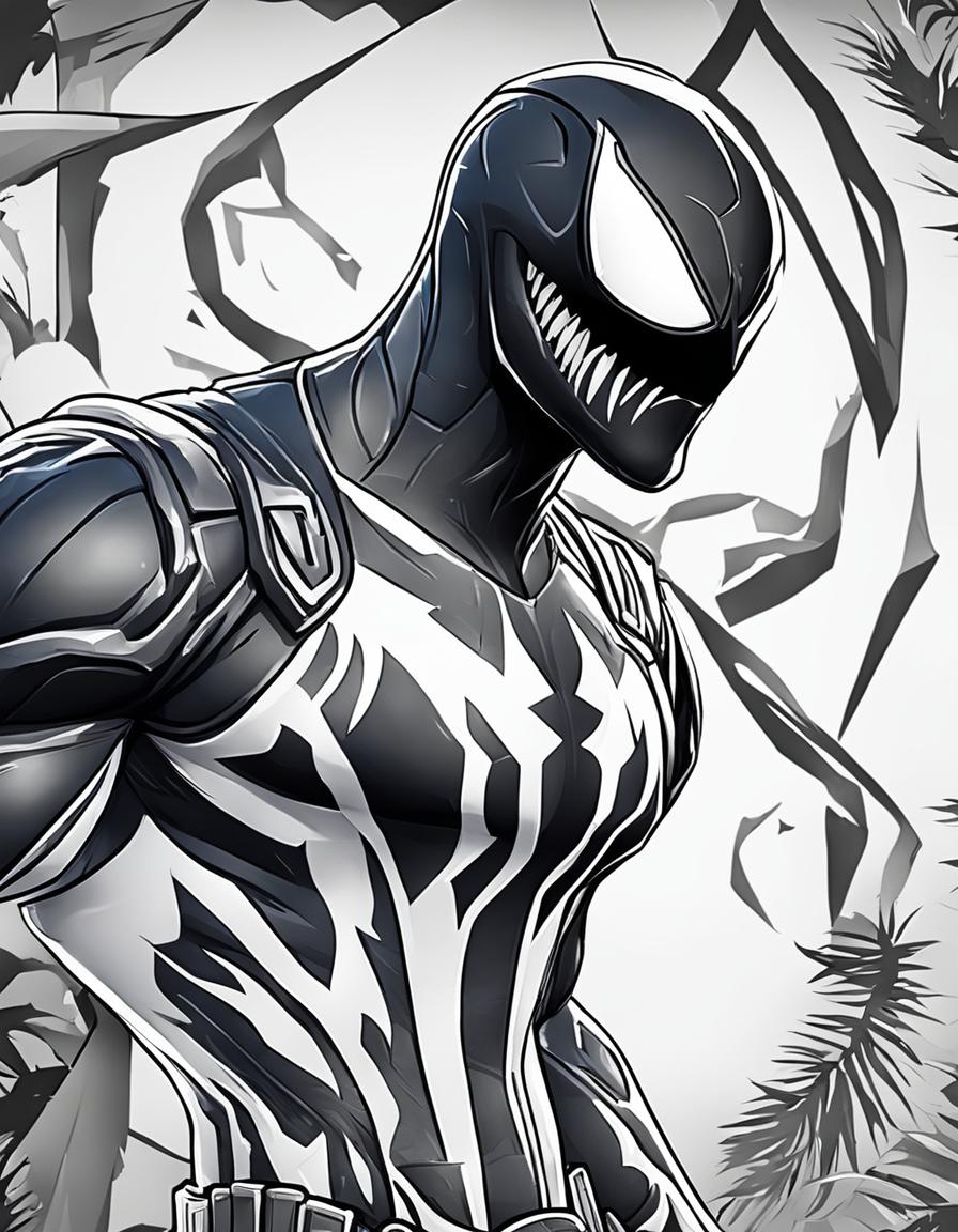 Fortnite-themed colouring sheet featuring an intricate outline of Venom with his signature look.