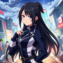 A striking anime girl inspired by Momo Yaoyorozu from My Hero Academia, showcasing her signature look