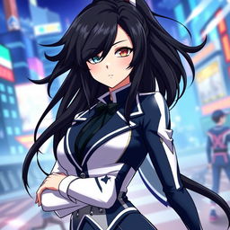 A striking anime girl inspired by Momo Yaoyorozu from My Hero Academia, showcasing her signature look