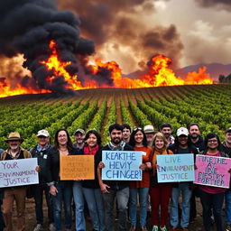 A striking scene showing a winery on fire with bright orange flames and thick black smoke swirling into a darkened sky
