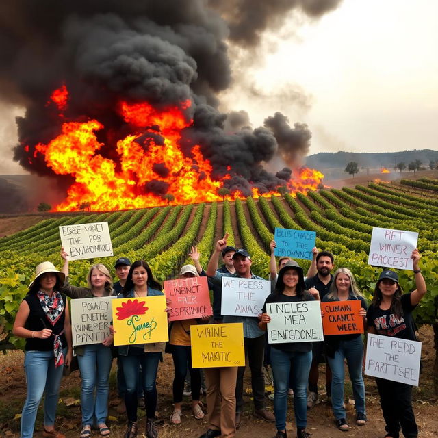 A striking scene showing a winery on fire with bright orange flames and thick black smoke swirling into a darkened sky