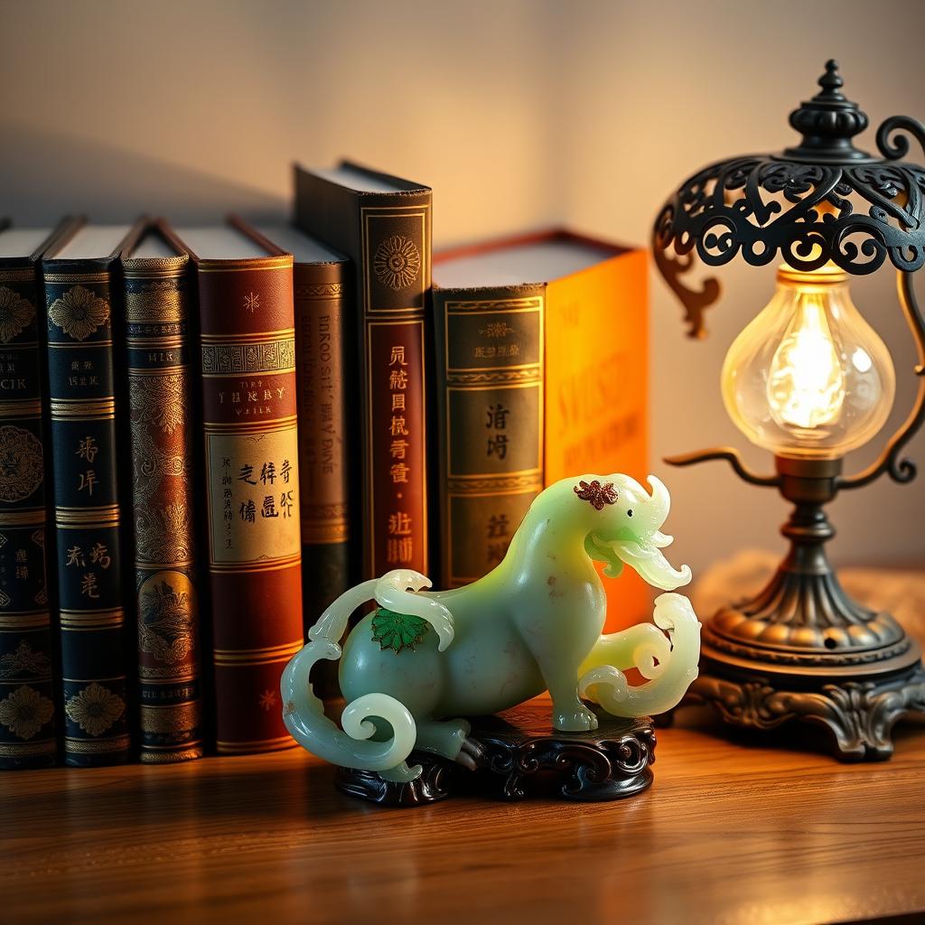 A horizontal image featuring stunning collectible books arranged beautifully, an exotic jade figurine displaying intricate details and vibrant color, and an antique lamp with an unusual design casting a warm glow