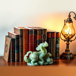 A horizontal image featuring stunning collectible books arranged beautifully, an exotic jade figurine displaying intricate details and vibrant color, and an antique lamp with an unusual design casting a warm glow