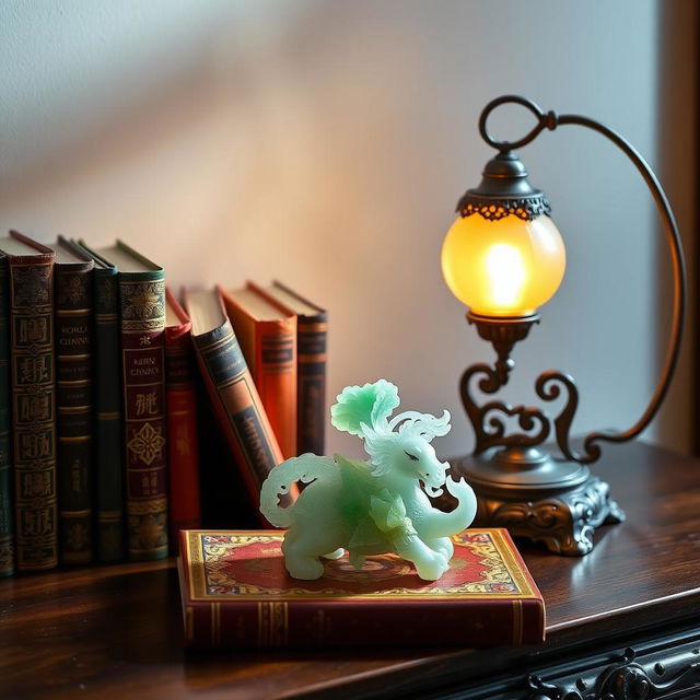 A horizontal image featuring stunning collectible books arranged beautifully, an exotic jade figurine displaying intricate details and vibrant color, and an antique lamp with an unusual design casting a warm glow
