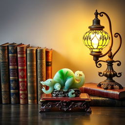 A horizontal image featuring stunning collectible books arranged beautifully, an exotic jade figurine displaying intricate details and vibrant color, and an antique lamp with an unusual design casting a warm glow