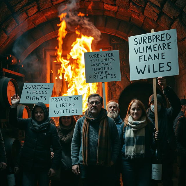 A captivating scene depicting a wine cellar in flames, with intense red and orange flames curling around vintage wine barrels and bottles, casting flickering shadows on the stone walls