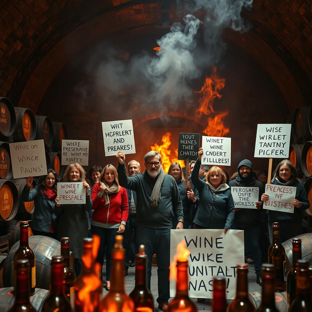 A captivating scene depicting a wine cellar in flames, with intense red and orange flames curling around vintage wine barrels and bottles, casting flickering shadows on the stone walls