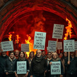 A captivating scene depicting a wine cellar in flames, with intense red and orange flames curling around vintage wine barrels and bottles, casting flickering shadows on the stone walls