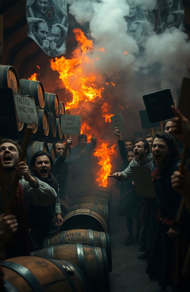 A dramatic scene depicting a wine cellar engulfed in flames, showing wooden barrels crackling and smoke billowing