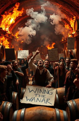 A dramatic scene depicting a wine cellar engulfed in flames, showing wooden barrels crackling and smoke billowing