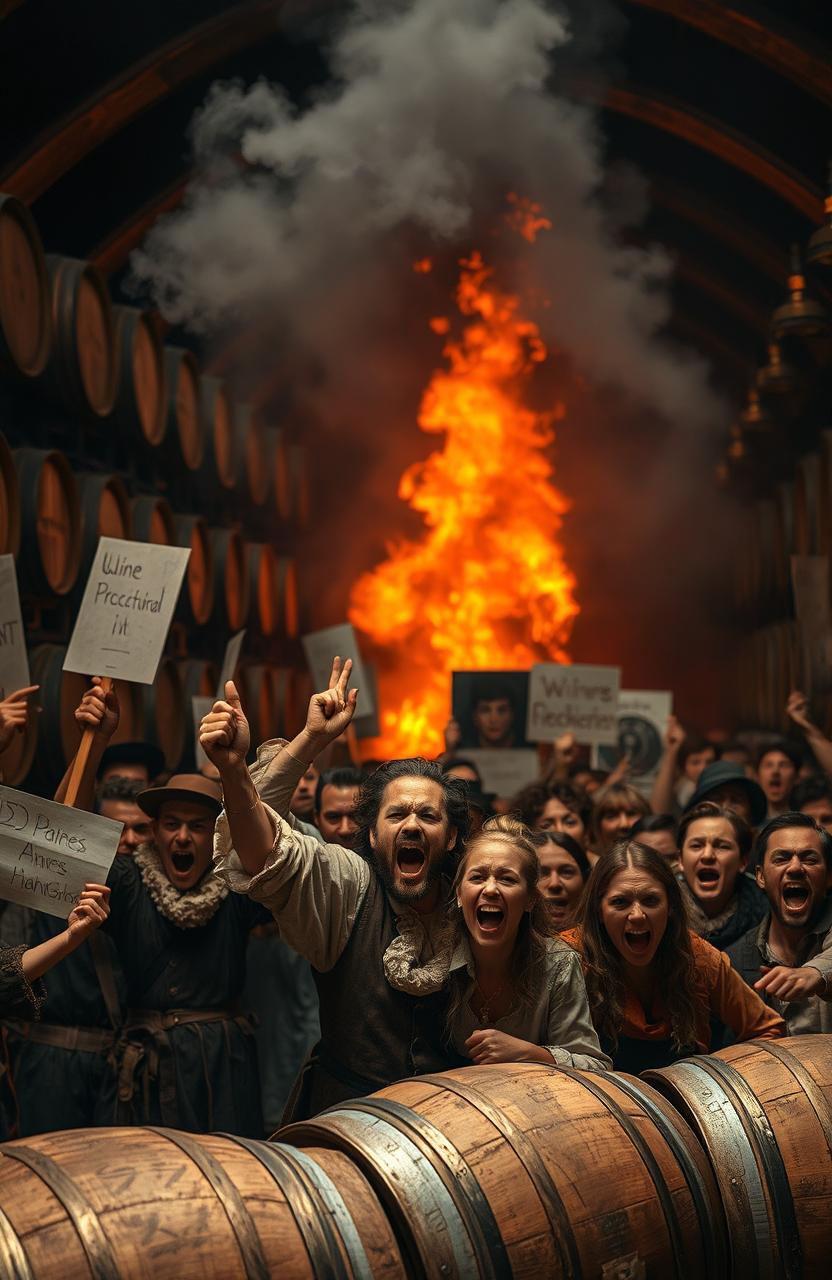 A dramatic scene depicting a wine cellar engulfed in flames, showing wooden barrels crackling and smoke billowing