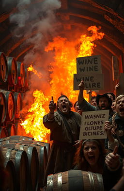 A dramatic scene depicting a wine cellar engulfed in flames, showing wooden barrels crackling and smoke billowing