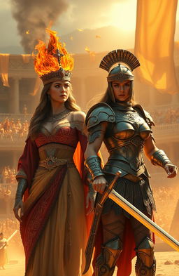 An epic fantasy scene featuring two powerful women: one as the Empress with a fiery crown made of flames, symbolizing her authority and strength, adorned in an opulent robe embroidered with gold and crimson threads