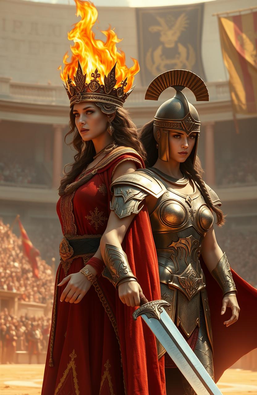 An epic fantasy scene featuring two powerful women: one as the Empress with a fiery crown made of flames, symbolizing her authority and strength, adorned in an opulent robe embroidered with gold and crimson threads