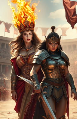 An epic fantasy scene featuring two powerful women: one as the Empress with a fiery crown made of flames, symbolizing her authority and strength, adorned in an opulent robe embroidered with gold and crimson threads