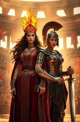 An epic fantasy scene featuring two powerful women: one as the Empress with a fiery crown made of flames, symbolizing her authority and strength, adorned in an opulent robe embroidered with gold and crimson threads