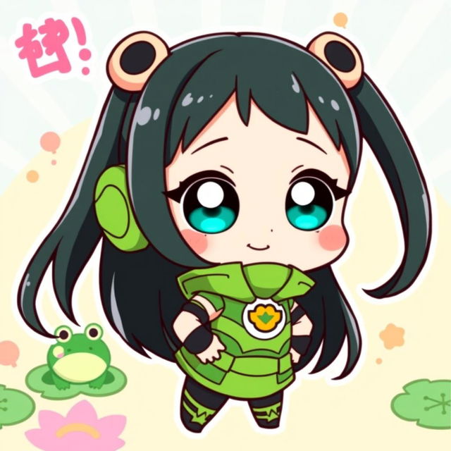 A cute chibi illustration of Tsuyu Asui from 'My Hero Academia', featuring her adorable and simplified design