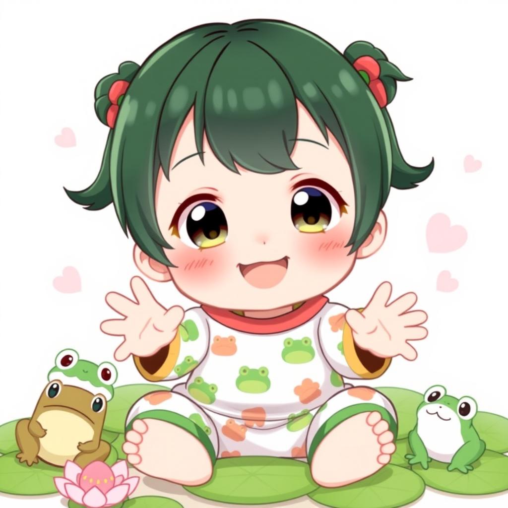 A cute and playful illustration of Tsuyu Asui depicted as a baby