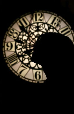 A striking silhouette profile of a girl with dark hair looking upwards, combined with a detailed clock in the background