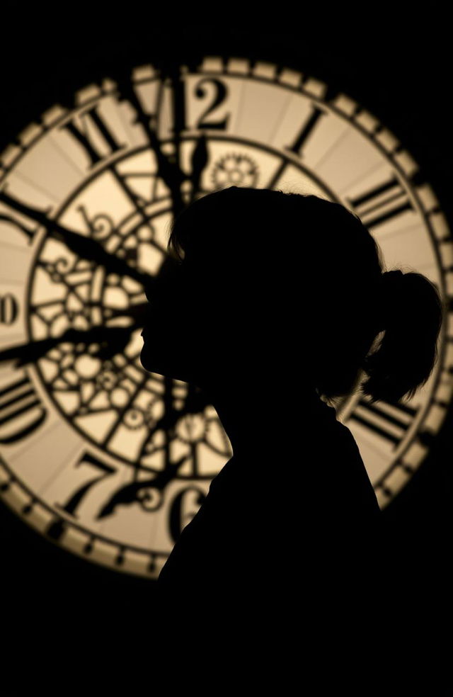 A striking silhouette profile of a girl with dark hair looking upwards, combined with a detailed clock in the background