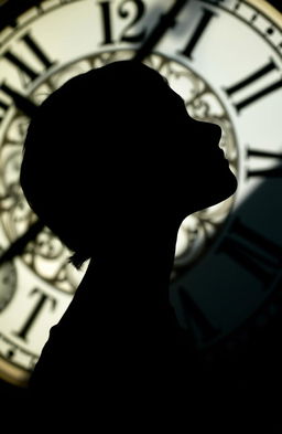 A striking silhouette profile of a girl with dark hair looking upwards, combined with a detailed clock in the background