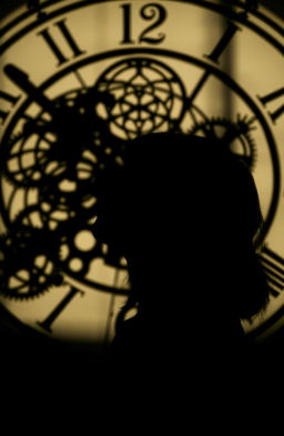 A striking silhouette profile of a girl with dark hair looking upwards, combined with a detailed clock in the background