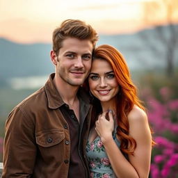 A romantic scene featuring a couple; the man has striking blue eyes, wearing a casual outfit that complements his features, and he has a gentle, loving expression