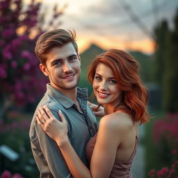 A romantic scene featuring a couple; the man has striking blue eyes, wearing a casual outfit that complements his features, and he has a gentle, loving expression