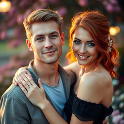 A romantic scene featuring a couple; the man has striking blue eyes, wearing a casual outfit that complements his features, and he has a gentle, loving expression