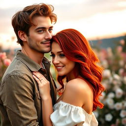 A romantic scene featuring a couple; the man has striking blue eyes, wearing a casual outfit that complements his features, and he has a gentle, loving expression