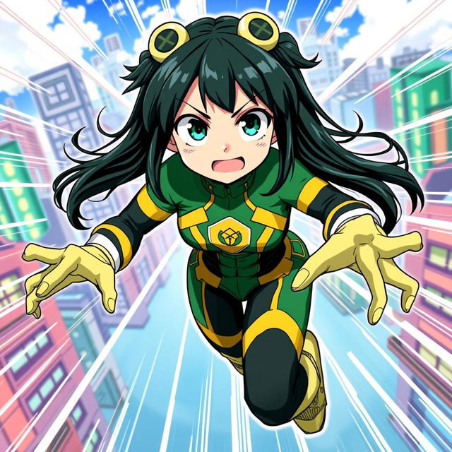 A vibrant and dynamic illustration of Tsuyu Asui, a popular character from 'My Hero Academia'