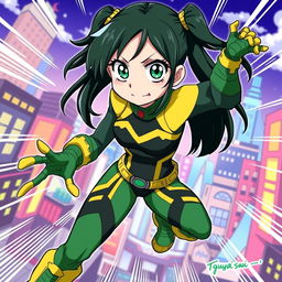 A vibrant and dynamic illustration of Tsuyu Asui, a popular character from 'My Hero Academia'