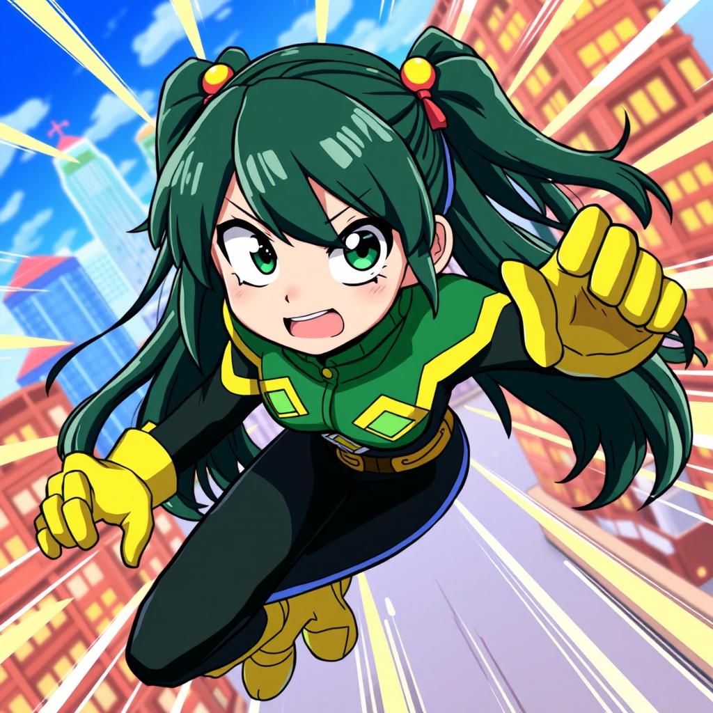 A vibrant and dynamic illustration of Tsuyu Asui, a popular character from 'My Hero Academia'