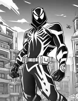 Fortnite-themed colouring sheet featuring an intricate outline of Venom skin in Tilted Towers.