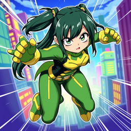 A vibrant and dynamic illustration of Tsuyu Asui, a popular character from 'My Hero Academia'