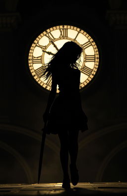 A silhouette of a girl walking confidently while holding a sword, with a large, ornate clock in the background