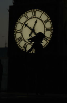 A silhouette of a girl walking confidently while holding a sword, with a large, ornate clock in the background